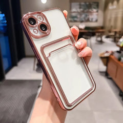 Phone case: Electroplated Transparent Card Slot Holder Case for iPhone 15 14 Plus 13 12 11 Pro Max Plating Photo Pocket Shockproof Cover