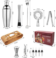 Cocktail Shaker Set,750 ML Stainless Steel Cocktail Mixing Set with Stand,Bartending Kit for Home,Bar,12 Pieces Bar Tool Kit for Christmas,Birthday,Anniversary,Weeding