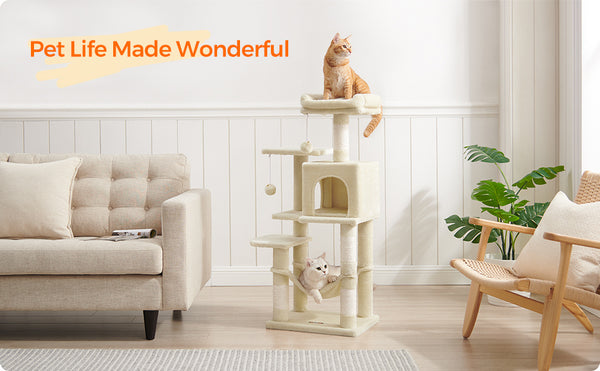 112 cm Cat Tree, Multi-Level Soft Plush Cat Tree, Cat Tower Condo with 4 Cat Scratching Posts, Hammock, Cave, Platform, Toys, Pink/White/Beige/Grey, Easy Assembly and Sturdy, Indoor Cat Furniture