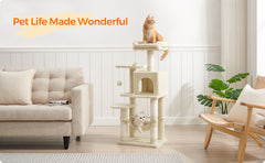 112 cm Cat Tree, Multi-Level Soft Plush Cat Tree, Cat Tower Condo with 4 Cat Scratching Posts, Hammock, Cave, Platform, Toys, Pink/White/Beige/Grey, Easy Assembly and Sturdy, Indoor Cat Furniture