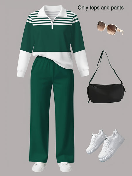 Women's 2pcs Suit Set - Striped Half-Pallet Pullover Top & Solid Color Pants with Zipper Closure, High-Elasticity Straight Leg Pants, Loose Fit for Commuting, Office & Daily Wear - All-Season Professional Attire (2pcs Matching Set)