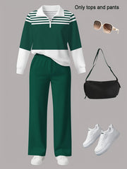 Women's 2pcs Suit Set - Striped Half-Pallet Pullover Top & Solid Color Pants with Zipper Closure, High-Elasticity Straight Leg Pants, Loose Fit for Commuting, Office & Daily Wear - All-Season Professional Attire (2pcs Matching Set)