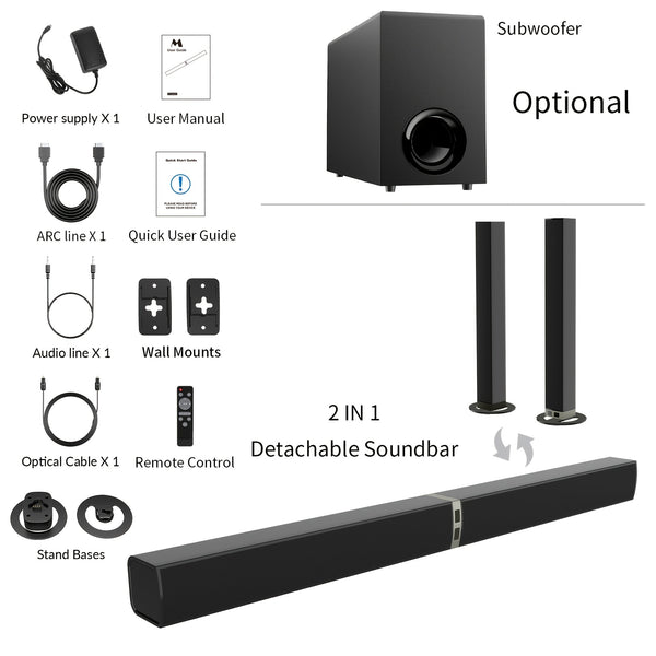 SoundBar with Subwoofer, Sound Bar for Smart TV, Wireless 5.0 Soundbars, Deep Bass, TV Audio System with ARC/Opt/AUX for Enhanced Home Theater Sound Speaker with Infrared Remote Control