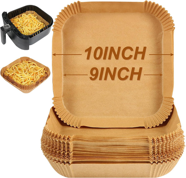 BYKITCHEN Air Fryer Parchment Paper Liner, 50PCS Square Air Fryer Liners Disposable, Greaseproof Paper, Compatible with COSORI, Ninja, Tefal, Russell Hobbs Fryers (Unbleached)