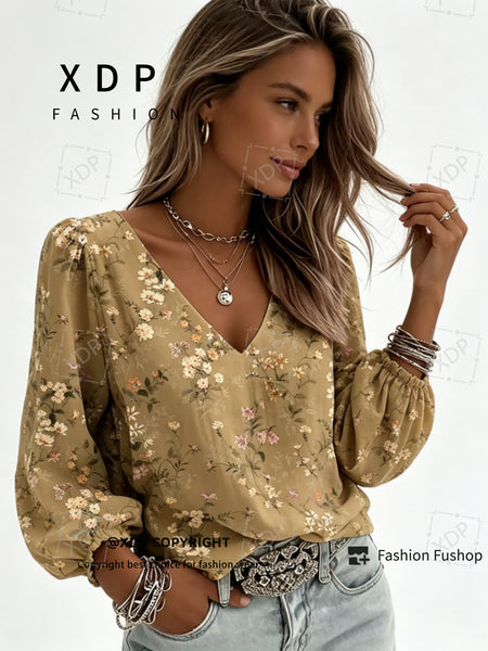 2D Flat Print Retro Western Style Shirt| V-neck Women's Long-sleeved Top with Colorful Small Floral Print, Bohemian Style Lantern Sleeve Design, Machine Washable, Suitable for Casual Attire and Vacations, 2D Flat