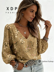 2D Flat Print Retro Western Style Shirt| V-neck Women's Long-sleeved Top with Colorful Small Floral Print, Bohemian Style Lantern Sleeve Design, Machine Washable, Suitable for Casual Attire and Vacations, 2D Flat