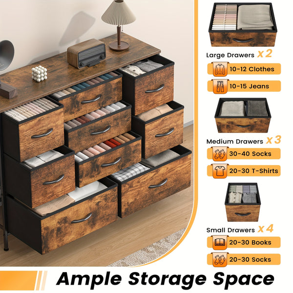 Stylish Large 9 Drawers Dresser with Durable Metal Frame, Scratch-Resistant MDF Top, And Spacious Fabric Drawers - Tall Chest Of DrawersPerfect for Elegant Bedroom, Cozy Living Room Or Functional Office Use