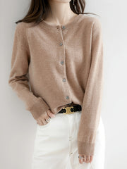 2026 New Spring Autumn Women'S 100% Cashmere Crew Neck Cardigan, Loose Slim Fit Versatile Short Sweater Coat