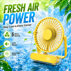 Mini Portable USB Fan Desktop Fan Rechargeable, Ultra-Quiet 5-Speed Adjustment Foldable 180 Degree Adjustable with LED Display for Office, Home, Outdoor, Camping And Travel