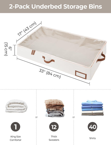 Storageworks Underbed Storage Boxes with Lids, Large under Bed Storage Box Containers for Bedroom Accessories Organising Clothes Bedding, Rigid under Bed Organisers Ultra Thick, Ivory White, 2-Pack