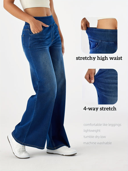 Women'S High-Waist Stretch Denim Wide-Leg Pants with Multiple Pockets, Distressed Vintage Casual Denim Long Pants