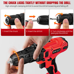 Cordless Drill Driver 21V, Electric Drill Kit with LI-ion Battery, Cordless Combi Screwdriver 25+1 Torque, 45N.m Max, 32pcs Accessory, 2 Variable Speed, LED Light for Home and Garden DIY Project 3/8