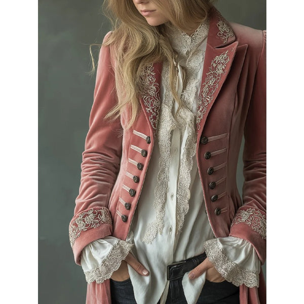 2026 Women'S Autumn Winter Long Sleeve Solid Color Patchwork Lace Golden Velvet Jacket European American Style