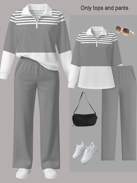 Women's 2pcs Suit Set - Striped Half-Pallet Pullover Top & Solid Color Pants with Zipper Closure, High-Elasticity Straight Leg Pants, Loose Fit for Commuting, Office & Daily Wear - All-Season Professional Attire (2pcs Matching Set)