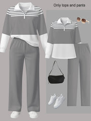 Women's 2pcs Suit Set - Striped Half-Pallet Pullover Top & Solid Color Pants with Zipper Closure, High-Elasticity Straight Leg Pants, Loose Fit for Commuting, Office & Daily Wear - All-Season Professional Attire (2pcs Matching Set)