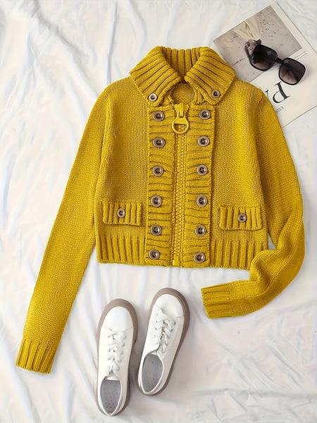Christmas Women's Elegant Cardigan - Front Zipper & Multi Buttons, Stand-Up Collar Sweater, Structured Fit for Office, Party, Everyday - All-Season Chic Outerwear, Office Wear, Textured Knitwear, Ribbed Texture, Stylish Coverup, Working Professionals
