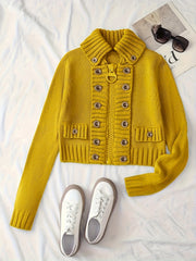Christmas Women's Elegant Cardigan - Front Zipper & Multi Buttons, Stand-Up Collar Sweater, Structured Fit for Office, Party, Everyday - All-Season Chic Outerwear, Office Wear, Textured Knitwear, Ribbed Texture, Stylish Coverup, Working Professionals