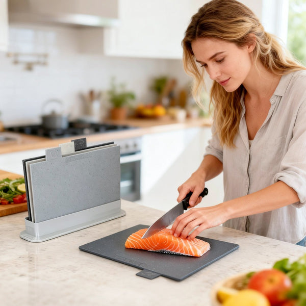 Index Chopping Board Set of 4 Color Coded Plastic Cutting Boards with Storage Stand Non-Slip Non-Porous Kitchen Boards for Meat Fish Vegetables Bread Dishwasher Safe