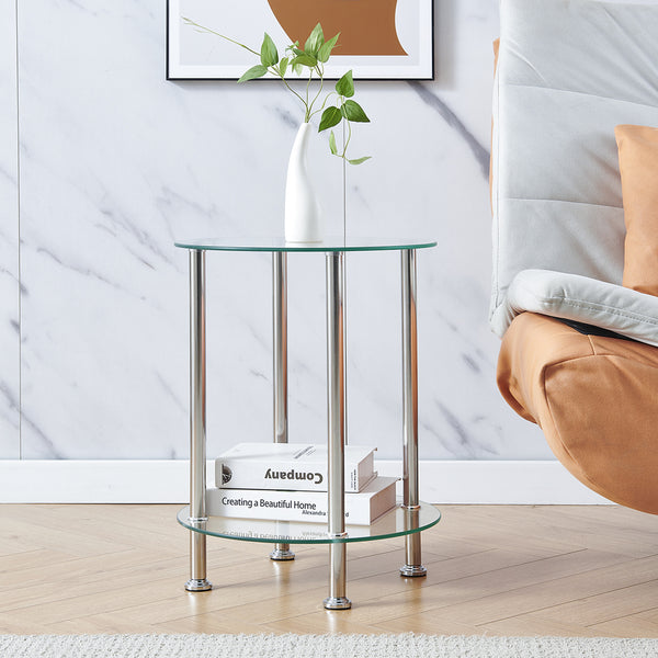 Round Side Table, Glass Sofa Side Table for Living Room, 2-Tier Small Coffee Table with Glass Top and Chrome Legs