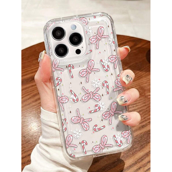 Phone case: 1 Christmas Candy Cane& Bow Transparent Full Coverage Anti-Slip Phone Case Compatible with iPhone 11, 12, XR, 13, 13 Pro, 13 Pro Max, 14, 14 Pro, 14 Pro Max, 15, 15 Pro, 15 Plus, 15 Pro Max, 16, 16 Pro, 16 Plus, 16 Pro Max, 17.
