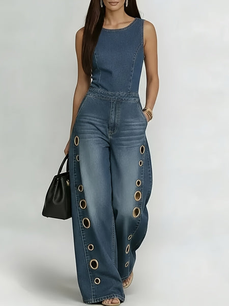 New Retro Style Denim Jeans for Women, with Metal Eyelets Designed for Casual And Loose Fit, High Waisted And Wide Leg Jeans, Street Cool Women'S Clothing, Black Retro Blue Light Blue Women'S Straight Leg Denim Pants