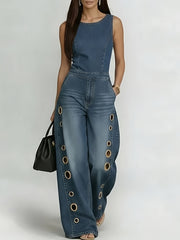 New Retro Style Denim Jeans for Women, with Metal Eyelets Designed for Casual And Loose Fit, High Waisted And Wide Leg Jeans, Street Cool Women'S Clothing, Black Retro Blue Light Blue Women'S Straight Leg Denim Pants