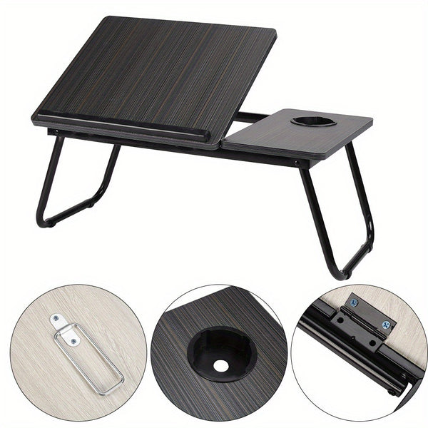 [Cozy Comfort] Versatile Folding Laptop Desk with Cup Holder - 5-Level Adjustable Tilt, Portable & Sturdy Wooden Frame, Ideal for Reading, Studying & Serving Breakfast in Bed - Available in Black, Walnut, Natural, Pink