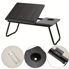 [Cozy Comfort] Versatile Folding Laptop Desk with Cup Holder - 5-Level Adjustable Tilt, Portable & Sturdy Wooden Frame, Ideal for Reading, Studying & Serving Breakfast in Bed - Available in Black, Walnut, Natural, Pink