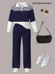 Women's 2pcs Suit Set - Striped Half-Pallet Pullover Top & Solid Color Pants with Zipper Closure, High-Elasticity Straight Leg Pants, Loose Fit for Commuting, Office & Daily Wear - All-Season Professional Attire (2pcs Matching Set)