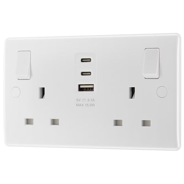 Masterplug Double 13A Switched Sockets with 15W USB a & 2X C Charger Ports, Pack of 2