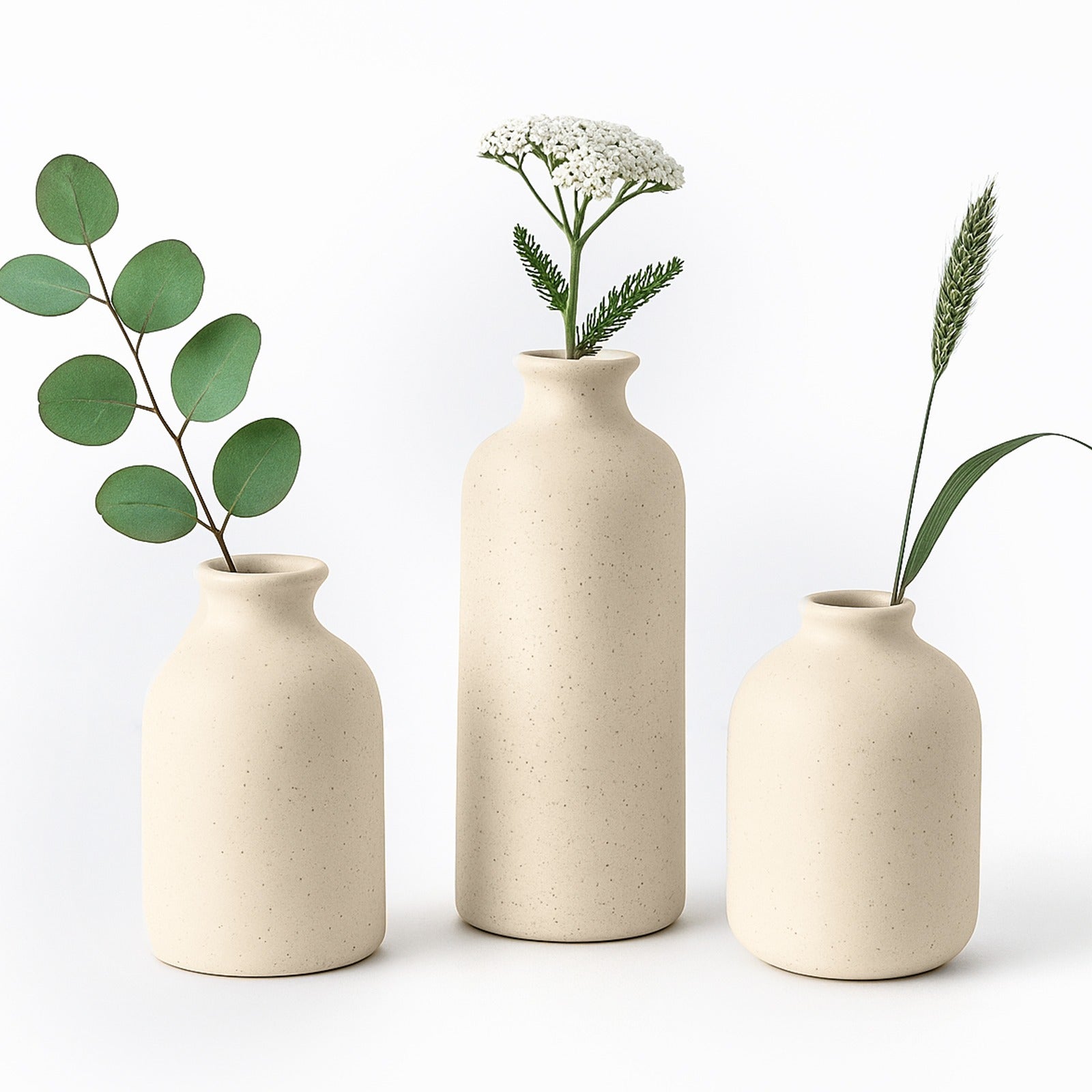 Set of 3 Small Ceramic Vases for Home Decor Table Centrepieces Rustic Farmhouse Style, Mini Decorative Vases (White)