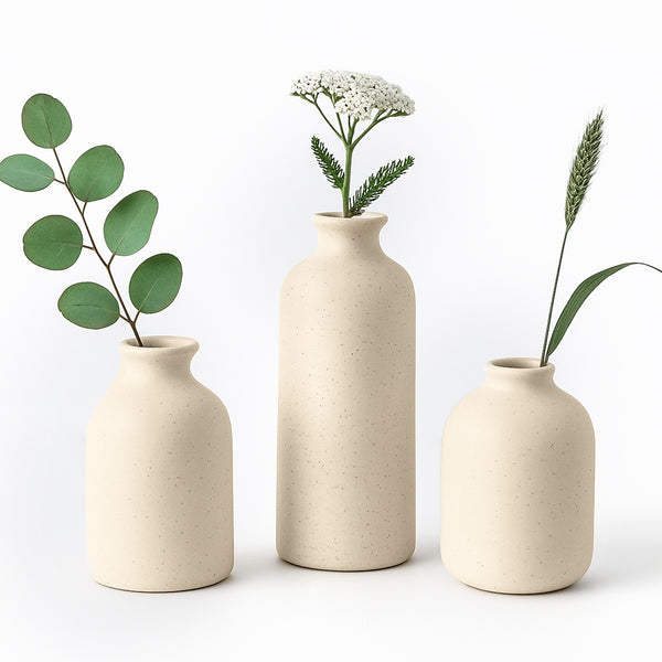Set of 3 Small Ceramic Vases for Home Decor Table Centrepieces Rustic Farmhouse Style, Mini Decorative Vases (White)