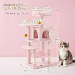 112 cm Cat Tree, Multi-Level Soft Plush Cat Tree, Cat Tower Condo with 4 Cat Scratching Posts, Hammock, Cave, Platform, Toys, Pink/White/Beige/Grey, Easy Assembly and Sturdy, Indoor Cat Furniture