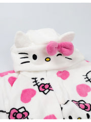 Hello Kitty Womens White Hooded Bathrobe | Cosy Fleece Loungewear with Pink Accents & Long Sleeves | Cartoon Character Design | Perfect for Relaxing Days | Hello Kitty Merch - Medium