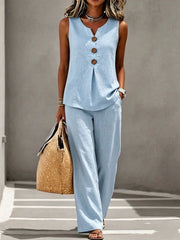 Spring Summer Women's Matching 2pcs Sets, V-Neck Sleeveless Button Top & Flowy Wide Leg Pants, Casual Resort Style Loungewear, Perfect for Summer Holiday, Staycation & Casual Outings, Holiday Essential