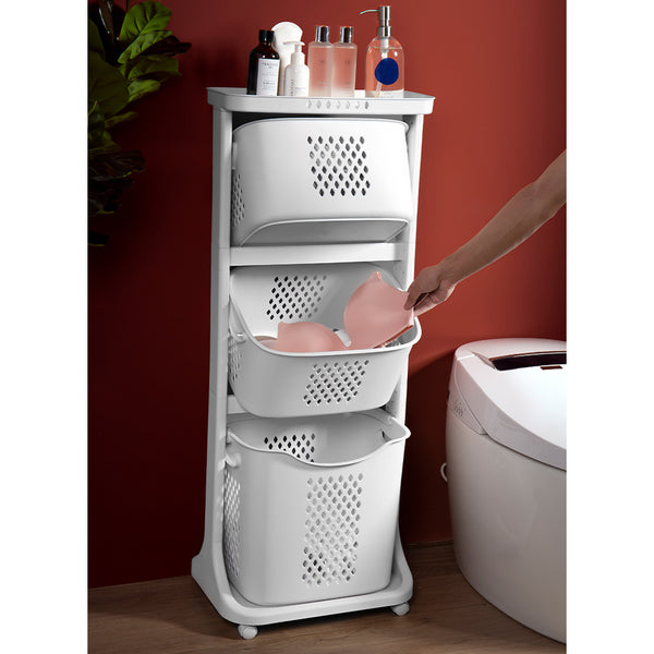 1pc, White Triple Layered, Bathroom Dirty Clothes Sorting Storage Basket, Household Multi-Purpose Laundry Changing Storage Basket, Fruit And Vegetable Snack Toy Storage Basket, Large Capacity to Save Space, with 4 Swivel Wheels, Smooth And Flexible Moveme