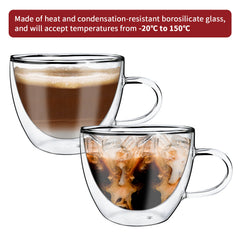 Vinsani Double Walled Coffee Drink Glasses Tea Cup Mug Heat Cold Resistant Aesthetic Clear Borosilicate Glass with Handle Cappuccino Latte Tea Dessert Hot and Cold Drinks