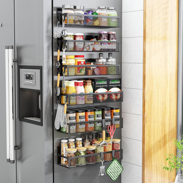 Aufworld Magnetic Spice Rack for Refrigerator, 2 Pack Magnetic Shelf, Fridge Magnet Organizer with Moveable 4 Hooks, Magnet Fridge Shelf for Kitchen Organization and Storage (2 Pack)