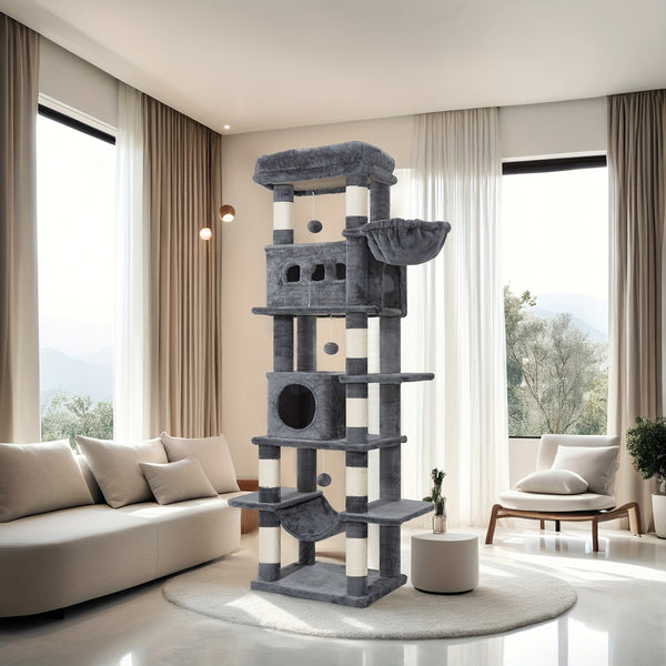 Cat Tree for Indoor Cats, 210cm Large Tall Cat Tower, Multi-Level Cats House with Condo, 8 Scratching Posts, Hammock, 4 Pom Poms