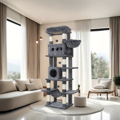 Cat Tree for Indoor Cats, 210cm Large Tall Cat Tower, Multi-Level Cats House with Condo, 8 Scratching Posts, Hammock, 4 Pom Poms