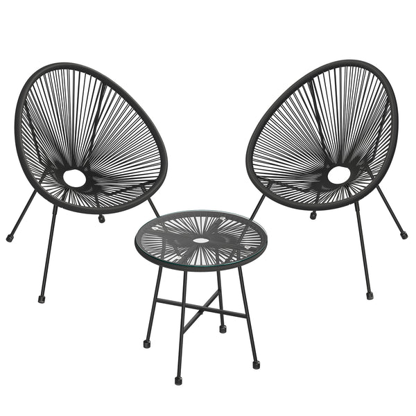 Garden Patio Furniture Set 3pcs, Acapulco Chair, Outdoor Seating, Glass Top Table and 2 Chairs, Indoor and Outdoor Conversation, Black,Green