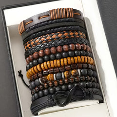 12pcs Men'S Bohemian Vintage Bracelet Set| Faux Leather Woven with Tiger Eye& Moonstone Beads| Multi-Layer Stackable Design| Casual& Party Jewelry| Trendy Boho Chic Accessories, Casual Attire, Gift for Men, Bohemian Style, Handcrafted Bracelets