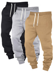 Three-pc Men's Solid Color Plain Elastic Waistband Drawstring Ribbed Cuffed Casual Jogger Pants, Men's Dress Administrative Trousers