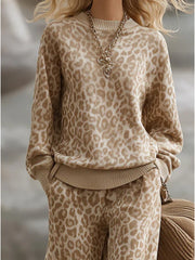 Women's Leopard Print Casual Suit, Loose Crew Neck Sweater + Wide-leg Pants Two-piece Set, Daily Social Lazy Style Fashion Suit, Lazy High-end Style, Women's Fashion Leopard Print Two-piece Set