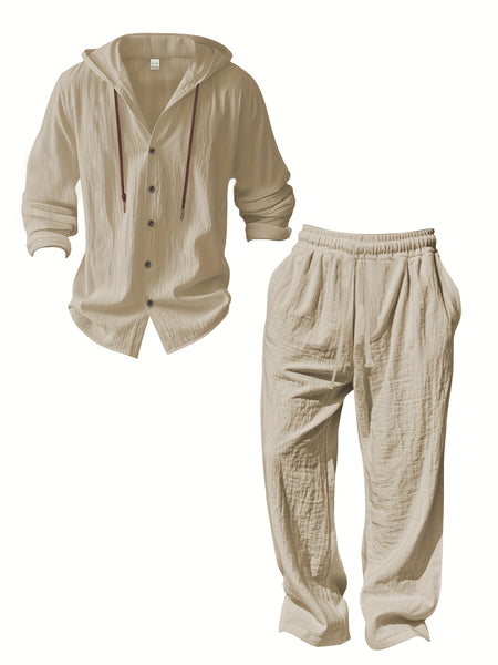 Men's Fashion Lightweight Linen Long Sleeve Hoodie + Pants Set, Solid Color, Versatile Moisture-Wicking Quick- Non-Stretch Fabric, Regular Fit with Drawstring Details, Ideal for Beach, Outdoor Leisure, Vacation, Parties, Straight-Leg Design, Machine