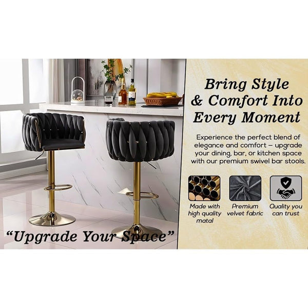 Set of 2 x Velvet Woven Upholstered Adjustable High Swivel Breakfast Bar Pub Home Stool Chair With Gold Metal base & Gas Lift (Cream/Gold)
