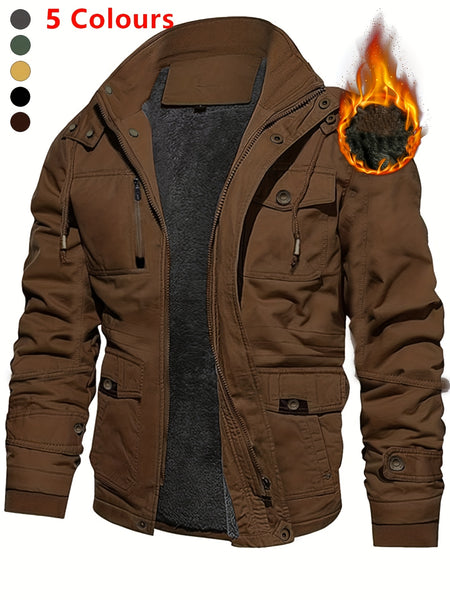 A Durable And Warm Medium to Long Men'S Winter Jacket, Suitable for Casual Work, Featuring Multiple Pockets, a Zipper, And a Hood for Outdoor Wind
