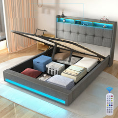 Upholstered Ottoman Bed/ 4 Drawer Storage Bed, 4ft6 Double Bed Frame with Storage & LED & USB, Gas Lift Up Storage Bed Hydraulic Upholstered Bed with Storage Headboard&Slats, Linen, No Mattress, Grey (Optional Purchase Of Mattress)
