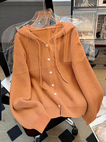 Hooded Button Sweater Cardigan, Spring Autumn Solid Color Casual Simple Open Front Soft Comfortable Elegant Women's Wear