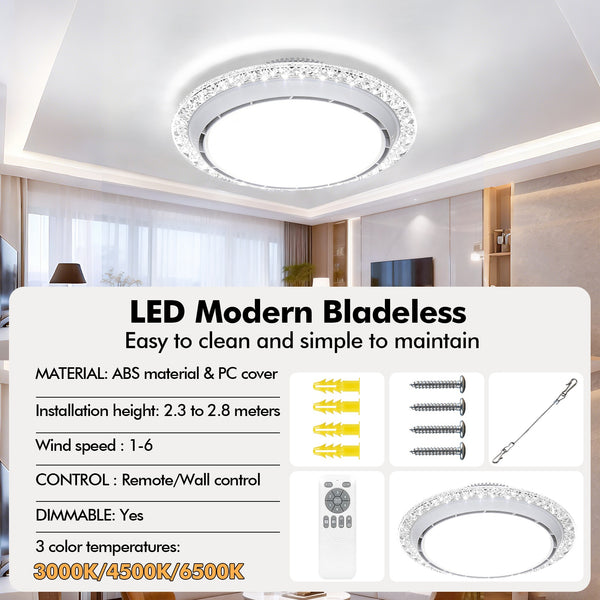 LED Ceiling Fan Light, LED Ceiling Light with Fan, Bladeless Ceiling Fan Light, 3 Switchable Colour Temperatures (3000K/4500K/6500K), Adjustable Brightness, Suitable for Kitchen, Living Room And Bedroom Lighting, Comes with A Remote Control